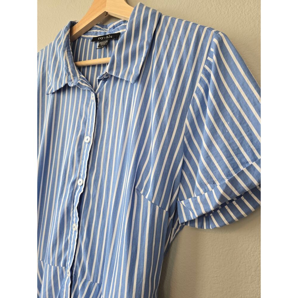 Ivy Blu Blue White Stripe Cotton Shirt Dress Belted High Low Size 14 Summer - Picture 3 of 9